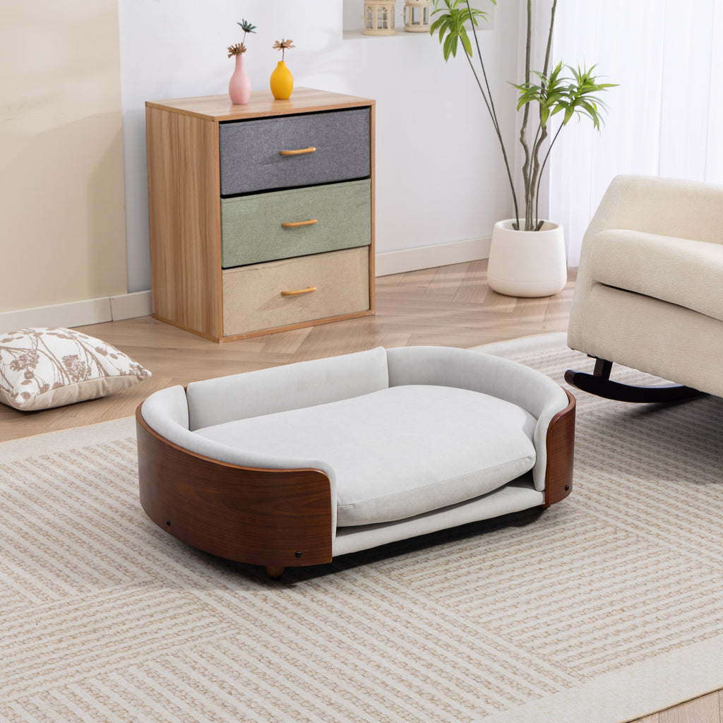 Scandinavian style Elevated Dog Bed Pet Sofa With Solid Wood legs and Walnut Bent Wood Back, Velvet Light Gray,Large Size