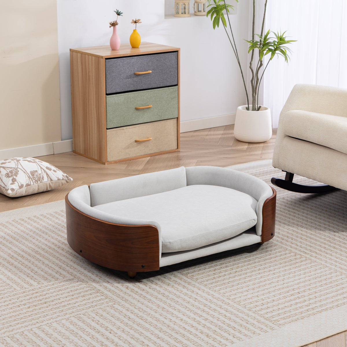 Scandinavian style Elevated Dog Bed Pet Sofa With Solid Wood legs and Walnut Bent Wood Back, Velvet Light Gray,Large Size