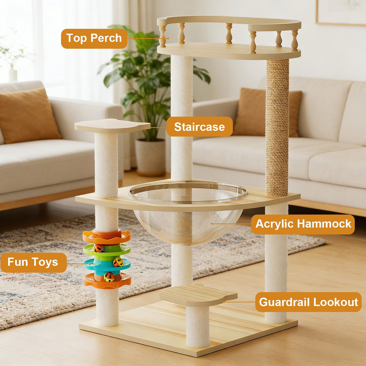 32.2" Modern Cat Tower, Wood Cat Tree Tower for Indoor Cats, Cat Treewith Sisal-Covered Scratching Posts and Top Perch, Cat Condo with Acrylic Hammock and Toys for Small Large Cats