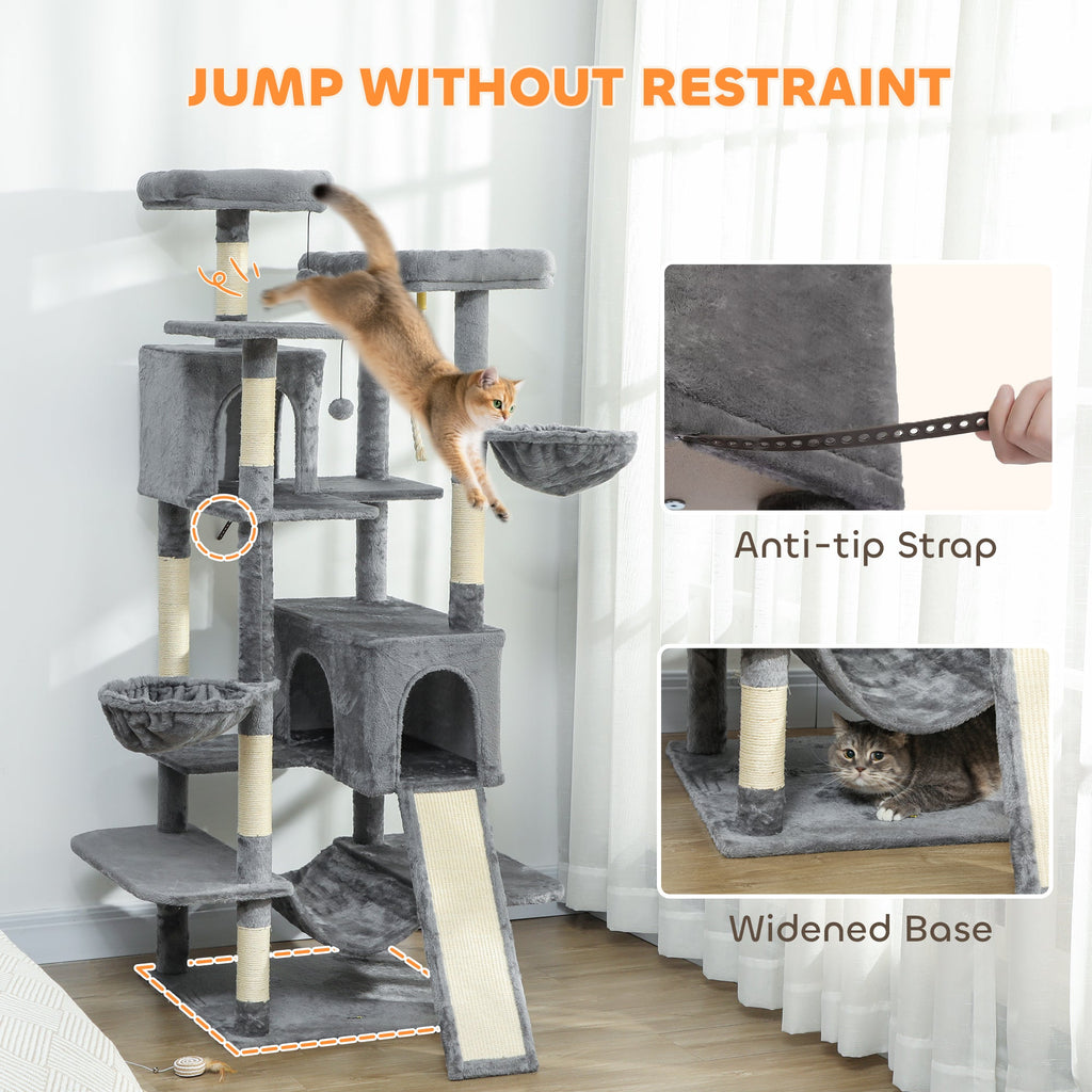 69" Cat Tree, Multi-Level Cat Tower with 2 Condos and 3 Hammocks, 8 Scratching Posts, for Multiple Cats, Dark Gray