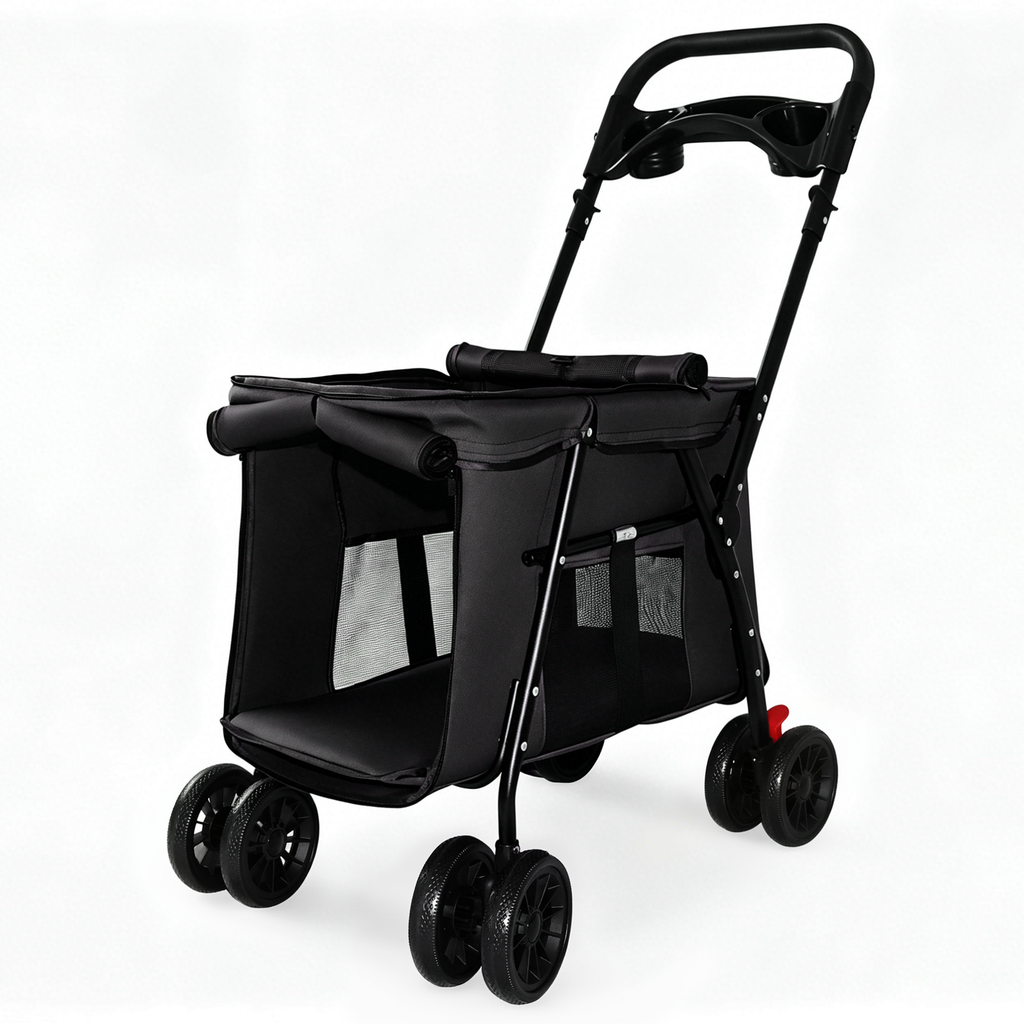 Pet Stroller, Foldable 4-Wheel Design, Breathable Mesh Dog Cat Stroller with Shockproof Wheels, Brake System, Storage Tray, 2 Fixed Safety Leashes, Large Space Pet Carrier for Small Medium Pets,Black