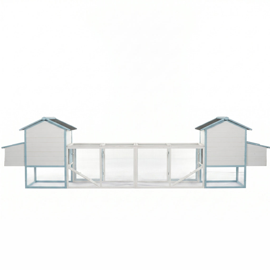 Large Wooden Chicken Coop with Double Nesting Boxes, Outdoor Walk-In Chicken Run with Waterproof Asphalt Roof, Fir Wood Poultry Cage with Pull-Out Dropping Trays, Blue & White Backyard Hen House