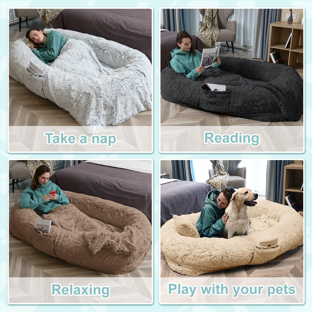 Oversized Human Dog Bed For Adults & Pets, 71 In X45 In X 12 In Ultra Soft Faux Fur Lounger, Washable Floor Bed With Orthopedic Support, Pillow & Blanket Included For Cozy Rest