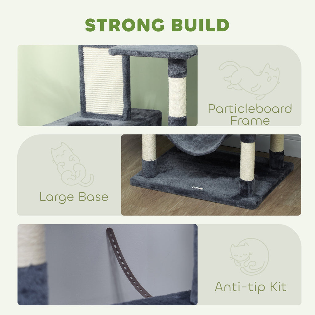 81" Cat Tree w/ Cat Scratching Posts, Scratching Board, Condos, Beds, Hammocks, Toy Balls, Rope Cat Toy, Gray