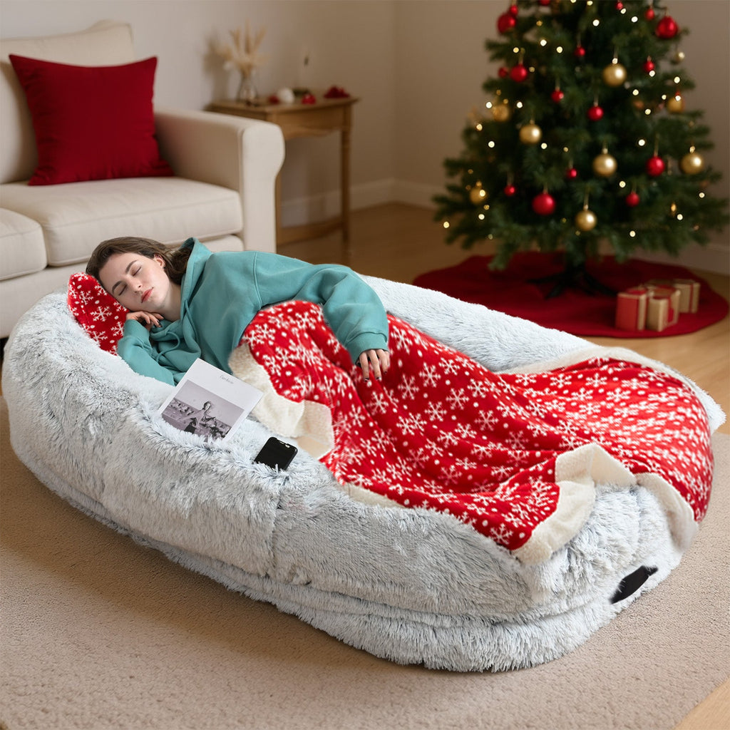 Oversized Human Dog Bed For Adults & Pets, 71 In X45 In X 12 In Ultra Soft Faux Fur Lounger, Washable Floor Bed With Orthopedic Support, Pillow & Blanket Included For Cozy Rest