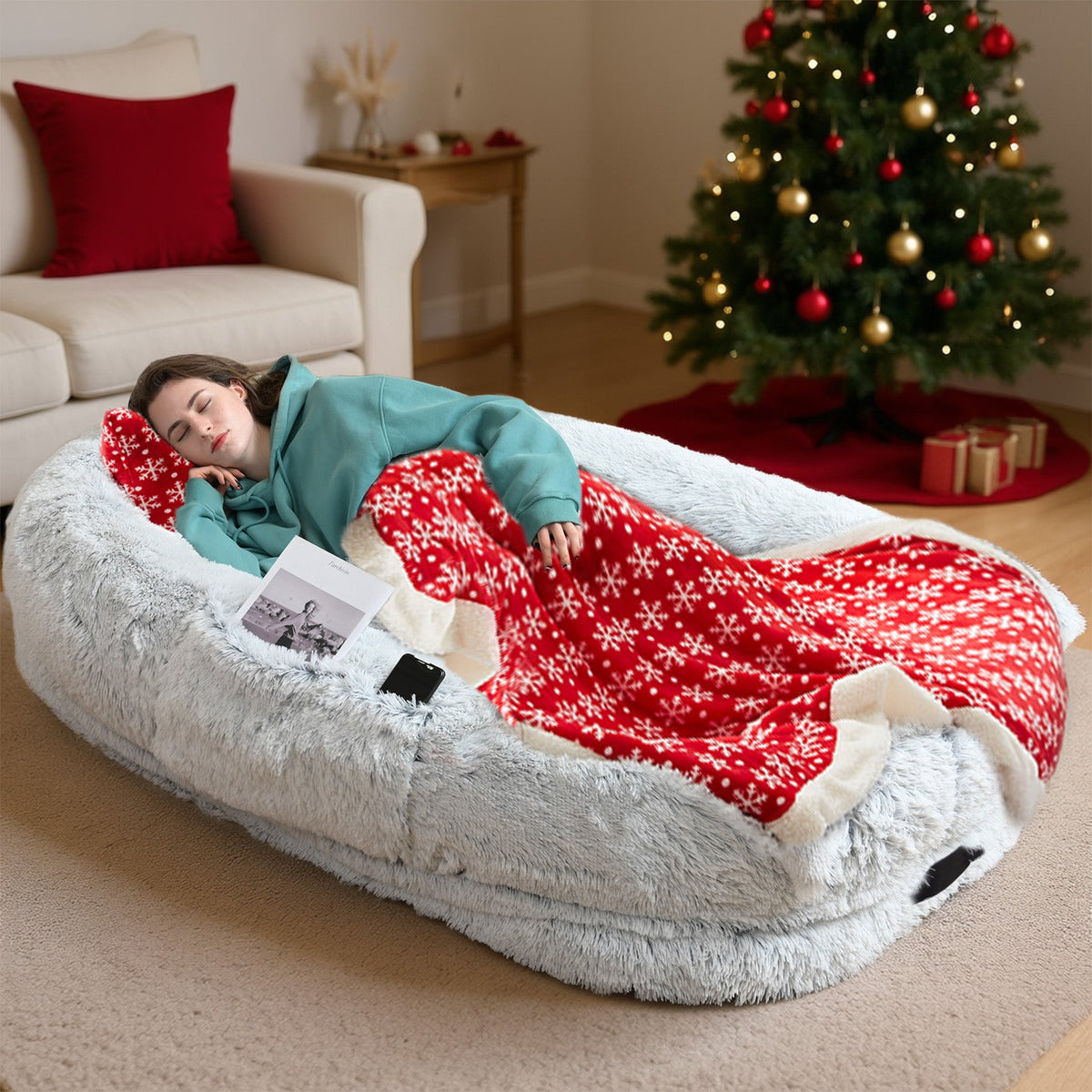 Oversized Human Dog Bed For Adults & Pets, 71 In X45 In X 12 In Ultra Soft Faux Fur Lounger, Washable Floor Bed With Orthopedic Support, Pillow & Blanket Included For Cozy Rest