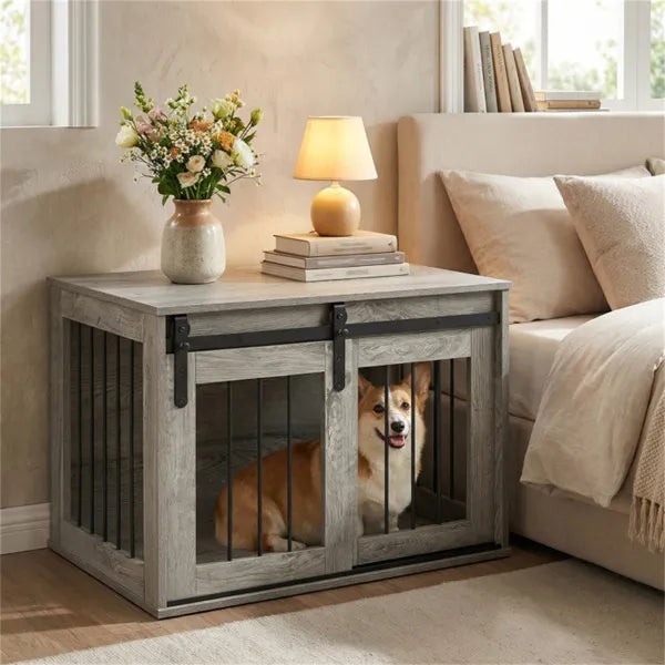 31.5" Dog Crate Furniture With Sliding Barn Door, Wooden Dog Kennel End Table For Indoor Use - Gray