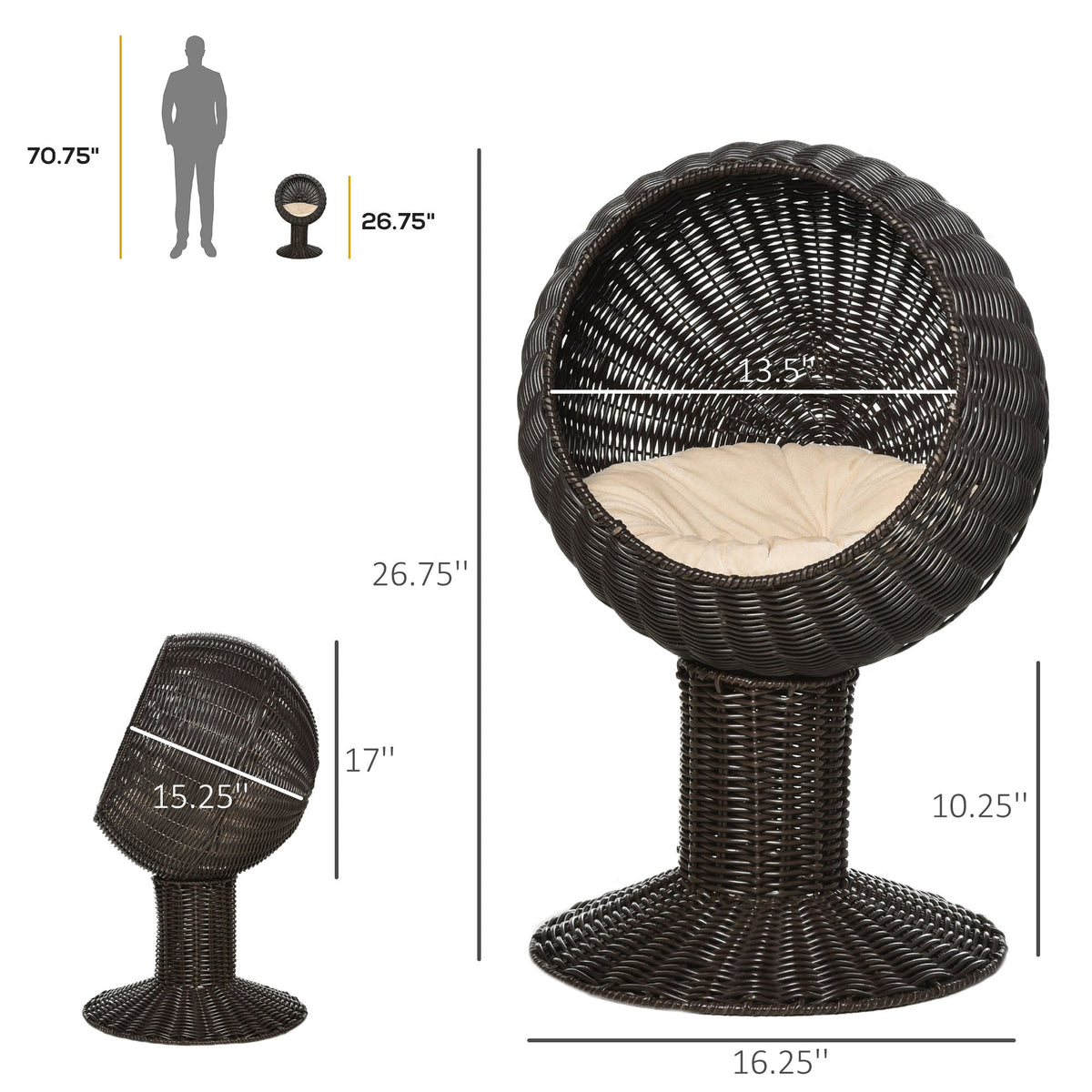 Elevated Cat Bed with Rotatable Egg Chair Pod, Cat Basket Bed with Thick Cushion, Natural Mat Grass Woven Kitty House, Coffee