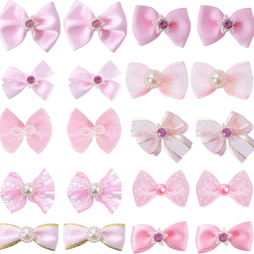 20 PCS Cute Dog Hair Bows With Rubber Bands Elastic Handmade Mix Style Lace Rhinestone Pearls For Furry Puppy Cat Pet Girl