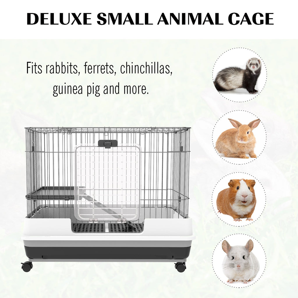 2-Level Small Animal Cage Rabbit Hutch with Wheels, Removable Tray, Platform and Ramp for Bunny, Chinchillas, Ferret, Black