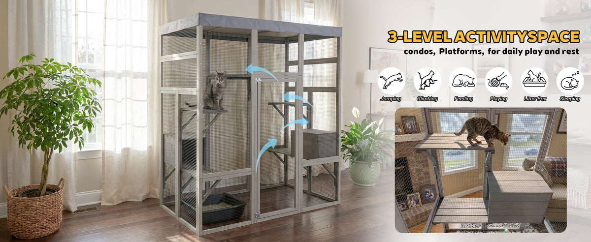Gray Wooden Catio Pet Enclosure with Waterproof Top, Spacious and Secure Cat House & Small Animal Cage,2 Napping Boxes