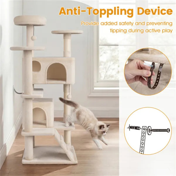 52" Tall Cat Tree Tower With Perches & Condos, Multi-Cat Playground With Scratching Posts (Beige)