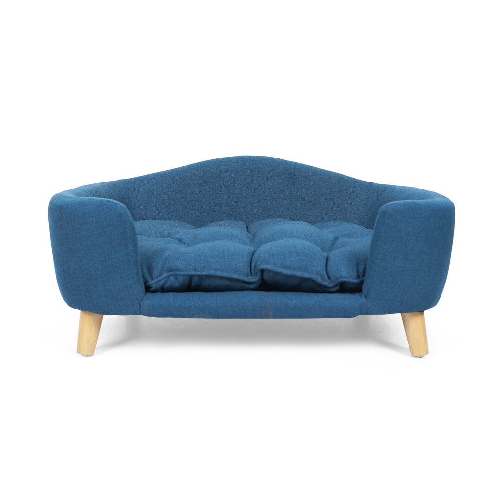Elevated Dog Bed Frame for Small Dog, Fabric Pet Couch Bed with Rubber Wood Legs and Supportive Foam, Navy Blue, Easy Assembly