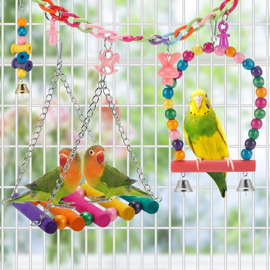 Bird Parakeet Toys Swing Hanging Standing Chewing Hammock Climbing Ladder Bird Cage Colorful Toys Suitable For Budgerigar