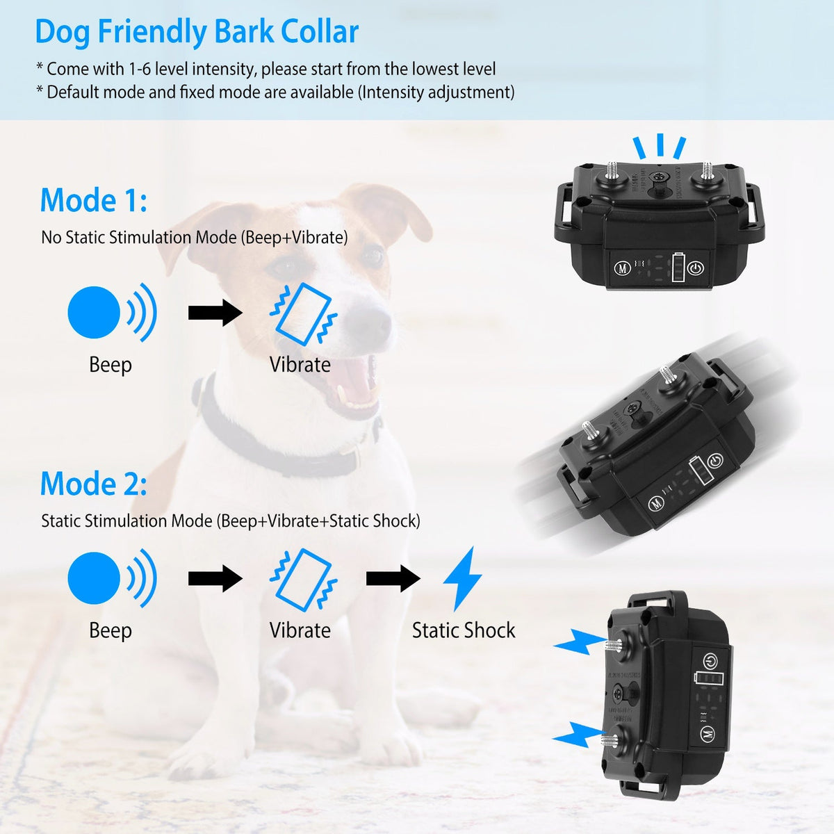 Dog Bark Collar Rechargeable Waterproof Beep Vibration Static Stimulation Bark Stopper Automatic Identification Collar With 6 Intensity Dual Modes