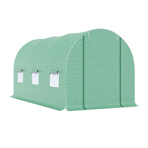 Outsunny 15X 6 X 7 Walk-in Tunnel Greenhouse Garden Plant Growing House With Door And Ventilation Window, Green