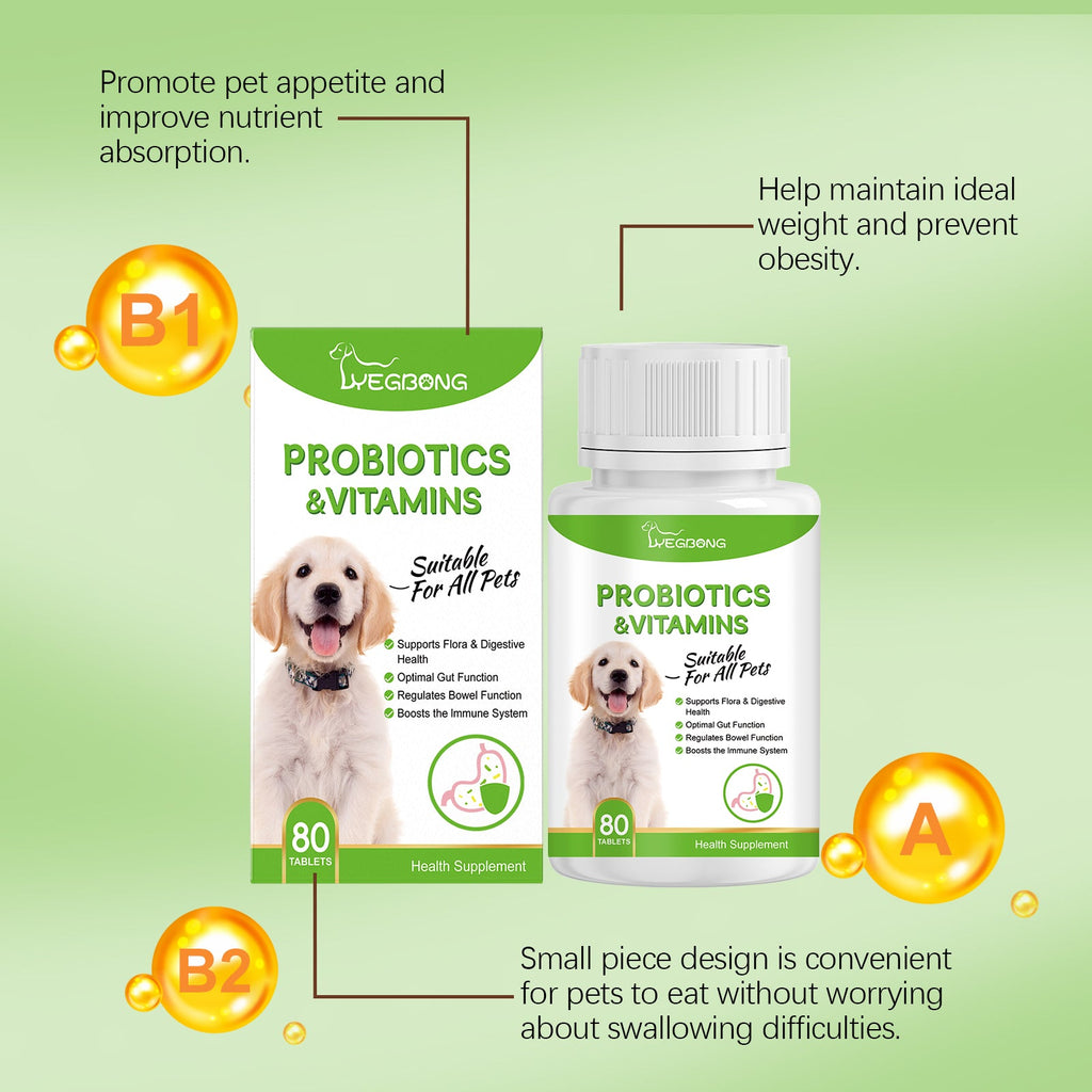 Pet Probiotics & Vitamin Tablets For Dogs & Cats, Gut Health Supplement, Support Digestion & Immune System, 80 Chewable Tablets