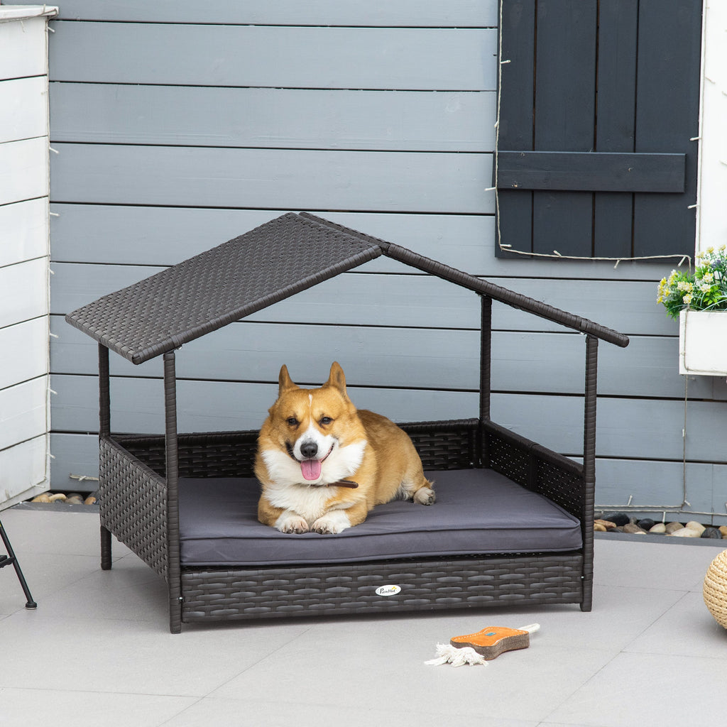 Wicker Dog House Outdoor with Canopy, Rattan Dog Bed with Water-resistant Cushion, Raised Pet Bed for Small, Medium Breeds up to 66 lbs, 20" in Length, Brown Wicker, Gray Cushion