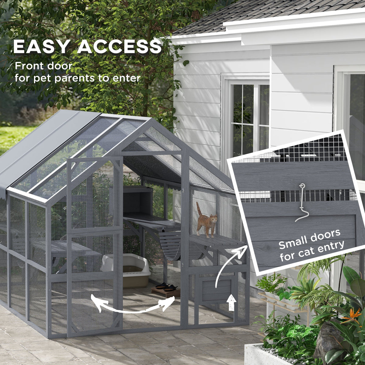 Wooden Catio Outdoor Cat Enclosure with Waterproof Cover, 2 Condos, 6 Platforms, Bridge, Doors, Gray