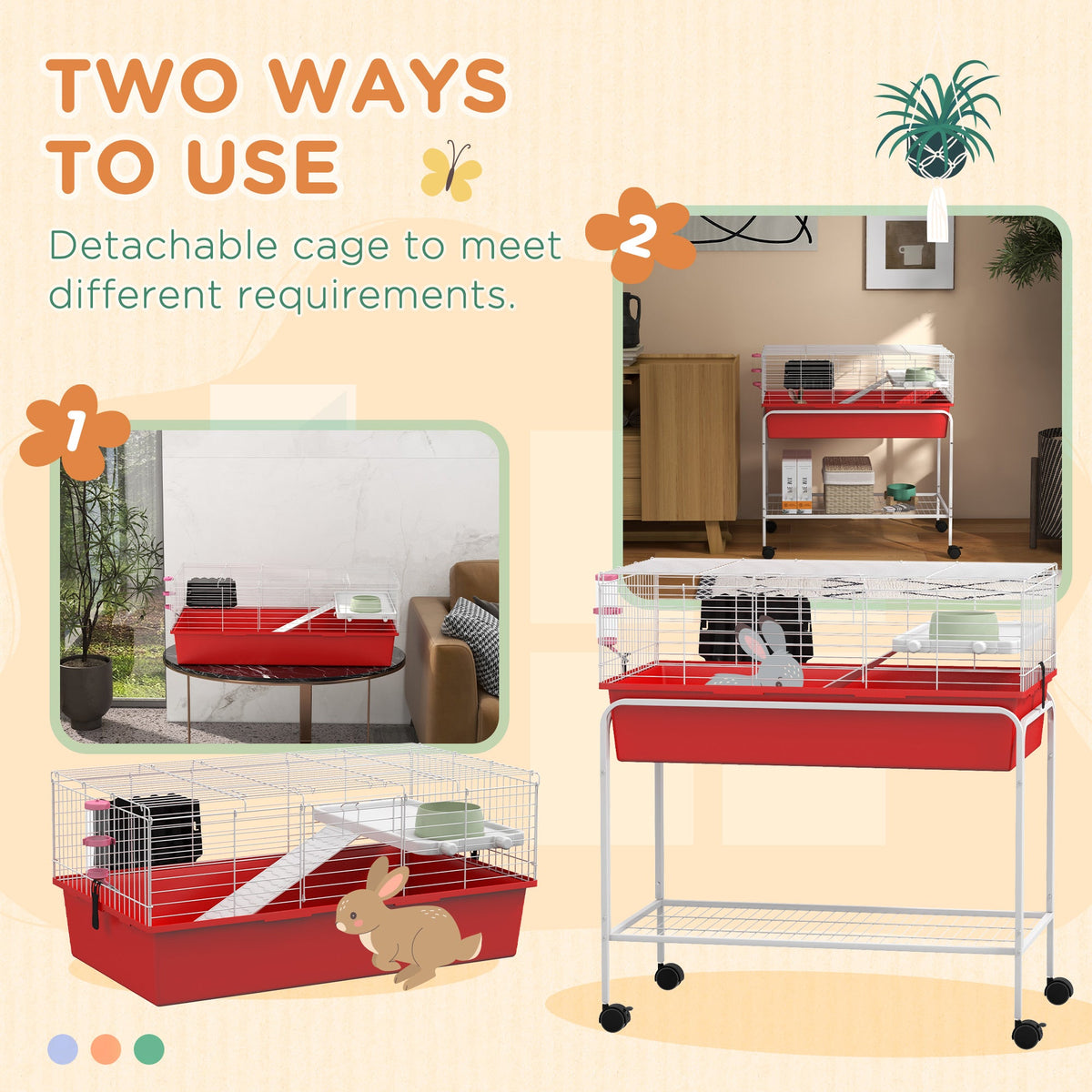 Two-Story Small Animal Cage Removable from Stand, Pet Habitat with Shelf & Wheels, 33" x 18.5" x 35", Red