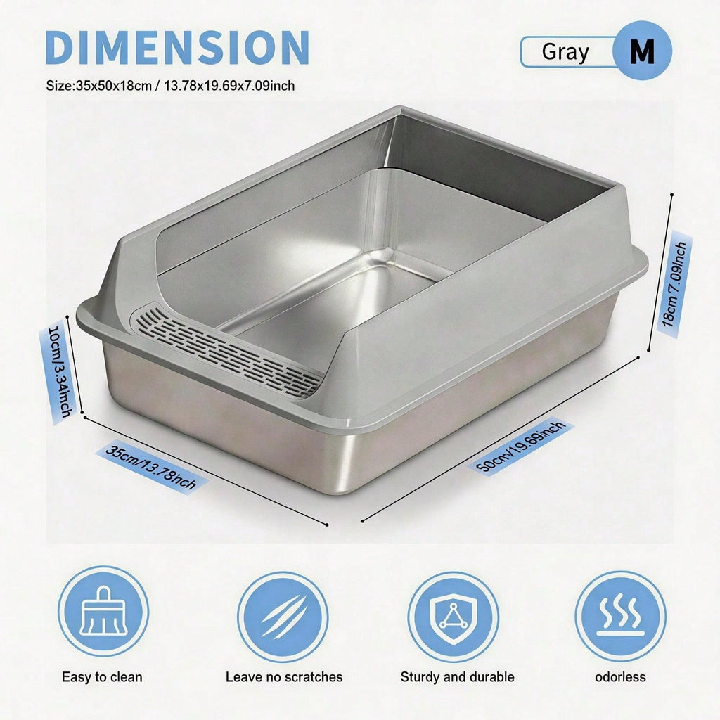 Stainless Steel Cat Litter Box, Large Open Top Litter Box With Anti Splash High Sides, Anti Tracking Pedal, Easy To Clean, Non Stick, Odor Resistant For Big Cats, Multi Cat Homes