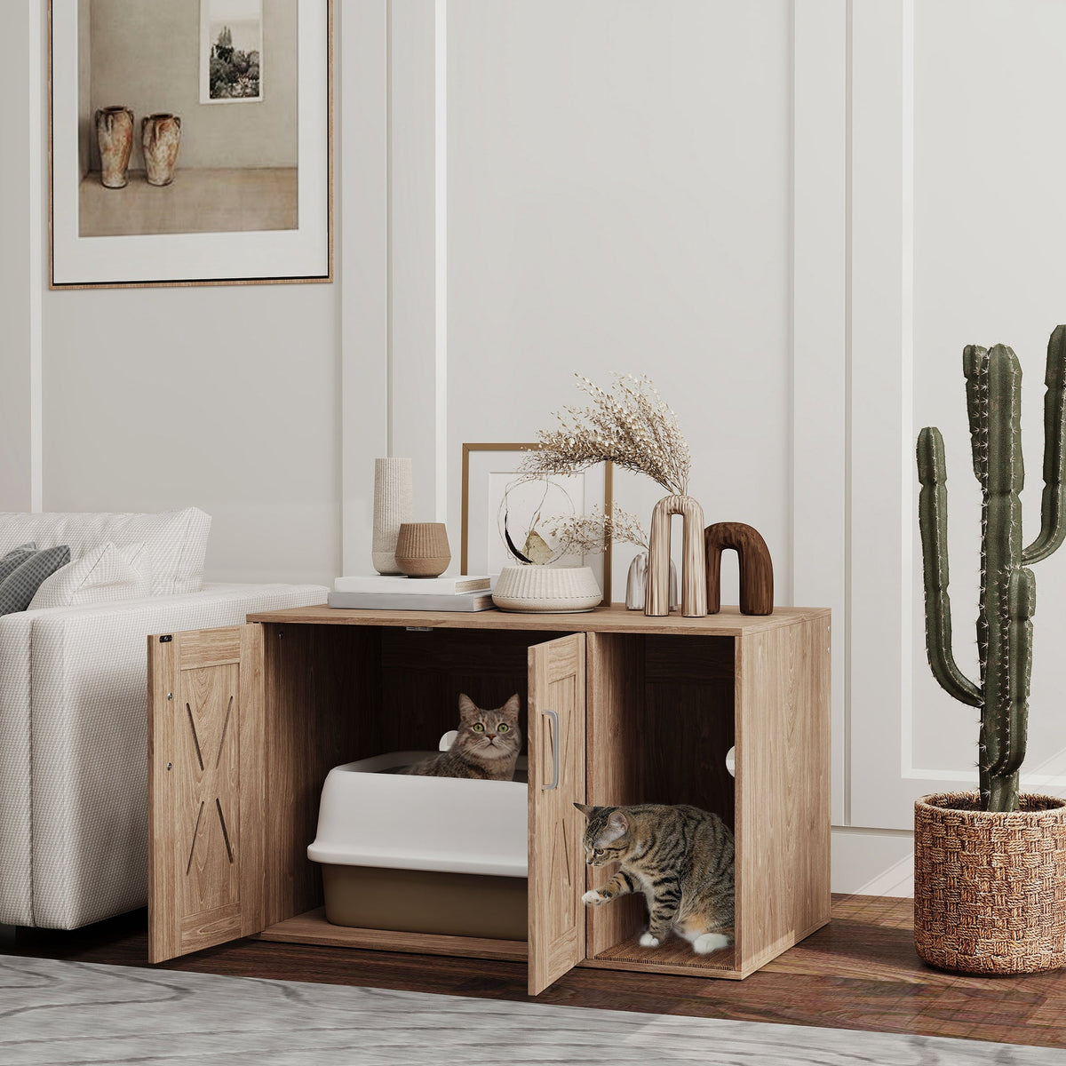 Cat Litter Box Enclosure With Scratching Board, Cat Washroom End Side Table, 31.5 X 19X 20, Walnut Brown