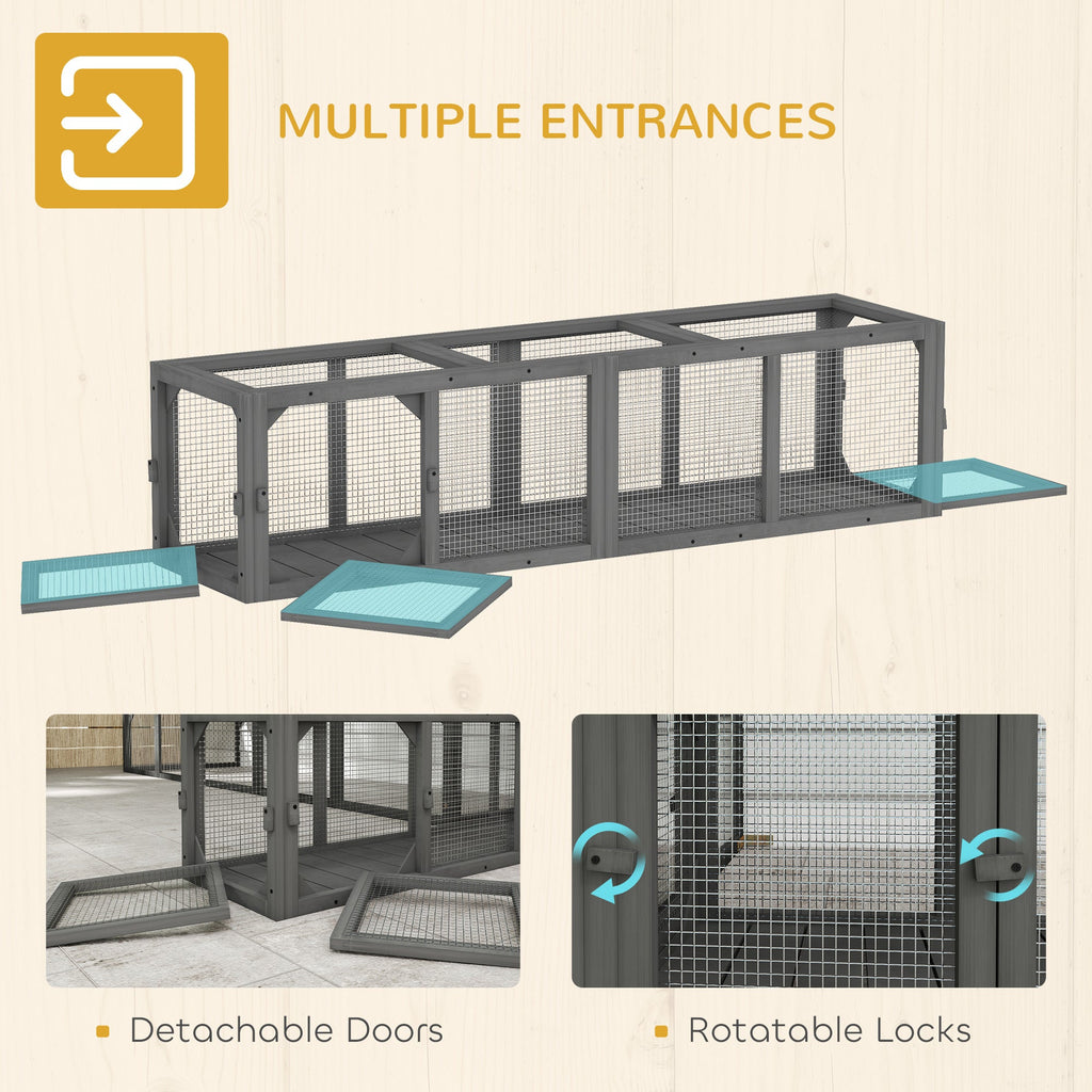 Outdoor Cat Tunnel, 59" Wooden Play Cat Enclosure, Extendable Pet Run with 3 Doors for Kitty, Puppy, Gray