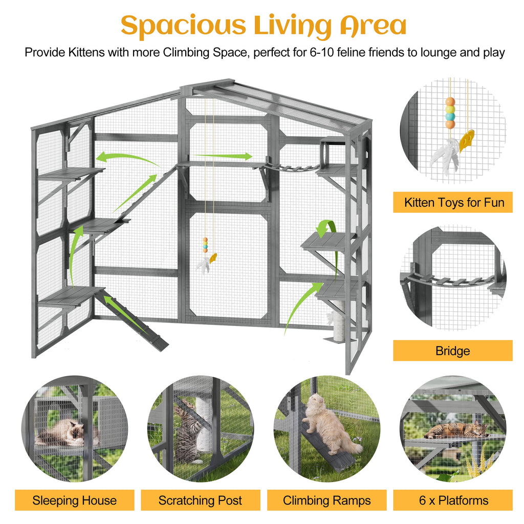 Large Outdoor Catio for 6-10 Cats, Pine Wood Cat Cage Outdoor with Weatherproof Roof, 6 Platforms, Climbing Ramp, 1 Resting Box and Cat Scratching Post, Outdoor Cat House with Storage Shelves, Grey