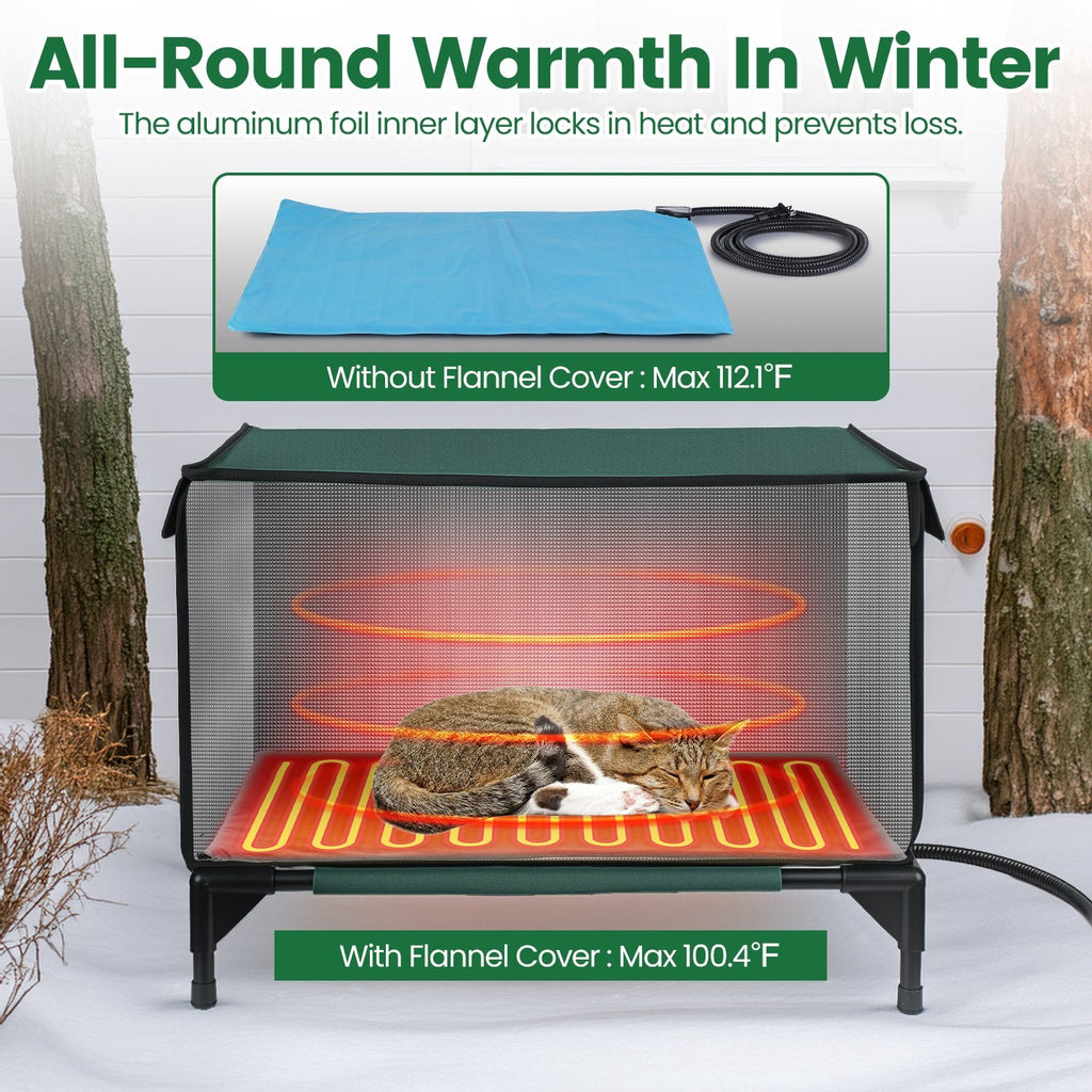 1Pc Waterproof Heated Cat House Outdoor Weatherproof Insulated Kitty Shelter Feral Cat Heating Bed With Heating Pad Anti-Chew Cord 2 Doors 3 Windows For Indoors Outdoors Winter Summer
