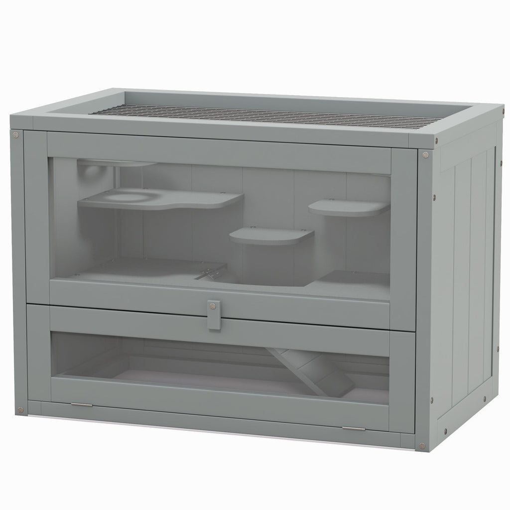 2-Level Hamster Cage with Openable Top, Door, Shelf, Ladder, Gray