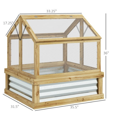 Outsunny Raised Garden Bed With Polycarbonate Greenhouse, Garden Wooden Cold Frame Greenhouse Flower Planter Protection, Peak Roof, 35.5x 31.5 X 36, Natural