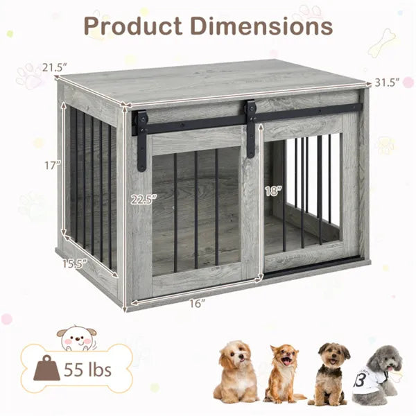 31.5" Dog Crate Furniture With Sliding Barn Door, Wooden Dog Kennel End Table For Indoor Use - Gray