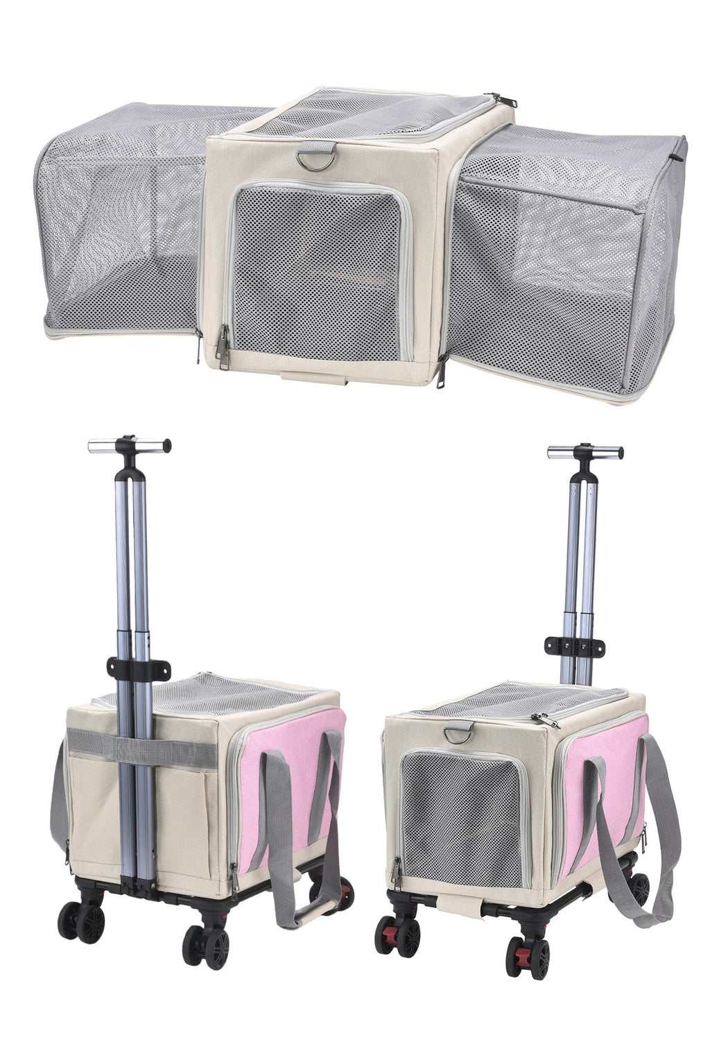 3-Sided Expandable Rolling Pet Carrier With Wheels, Small Cat Dog Travel Carrier, Foldable Portable Bag Grey  For Travel Camping Vet Outdoor Indoor Use