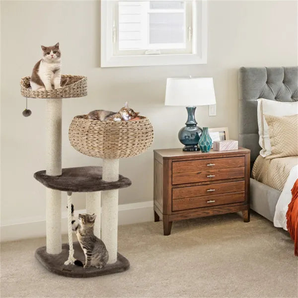 41 Inch Hand-Woven Water Hyacinth Cat Tree, 3 Sisal Scratching Posts Multi-Level Activity Center For Cats-Brown