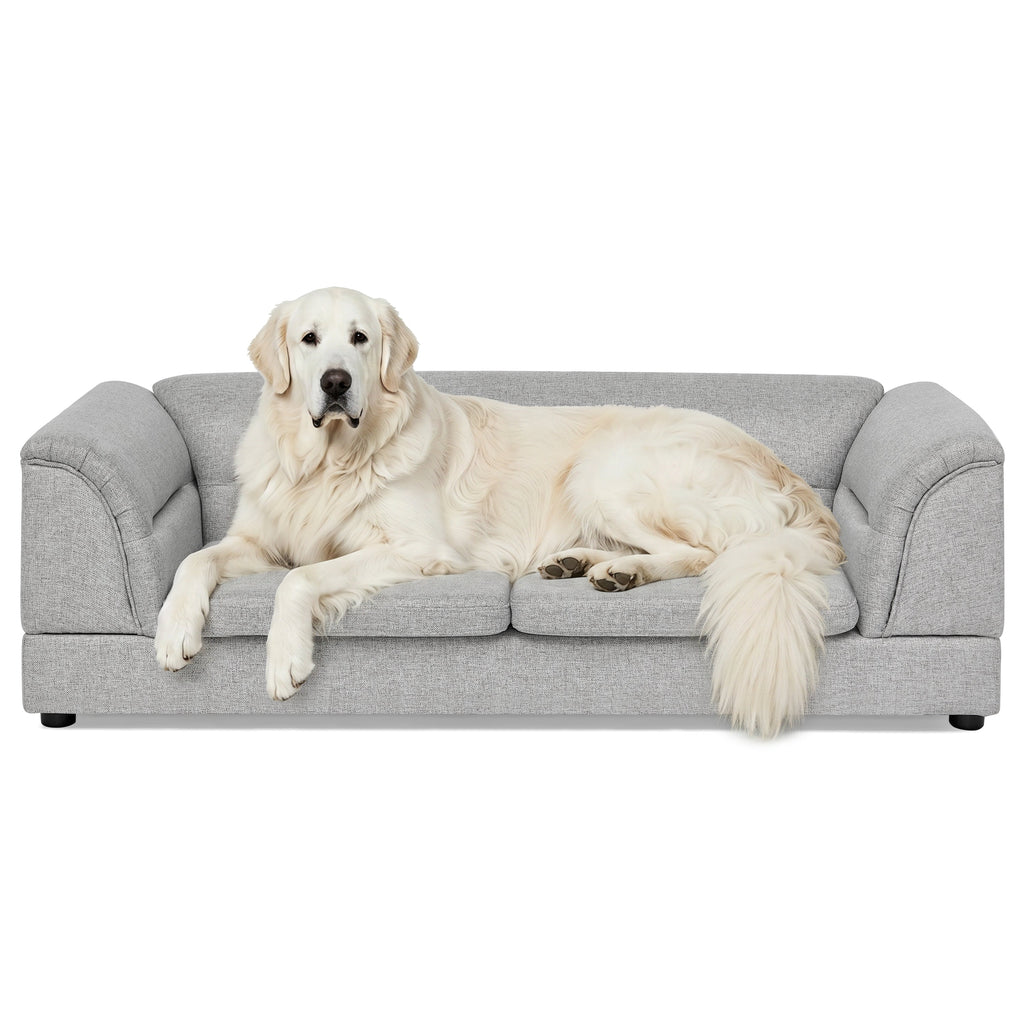 Oversized Pet Sofa, Curved Armrest Rectangular Dog Sofa, Linen Fabric Comfort Pet Couch for Large & Oversized Dogs-LIGHT GREYX