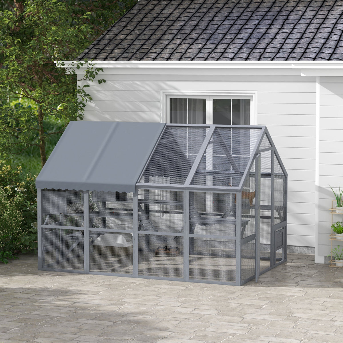 Wooden Catio Outdoor Cat Enclosure with Waterproof Cover, 2 Condos, 6 Platforms, Bridge, Doors, Gray