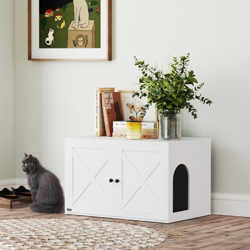 PawHut Cat Litter Box Enclosure With Barn Door, Cat Hole, White