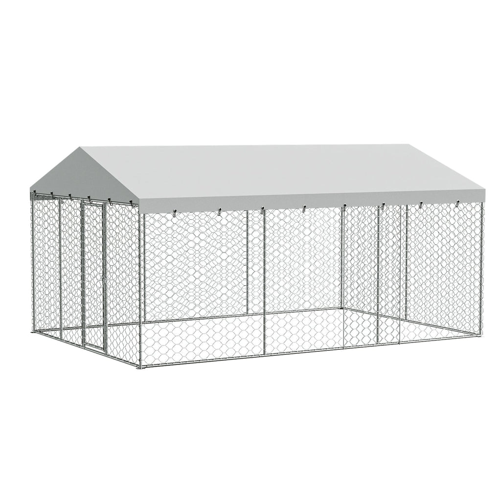 15x10 FT Large Outdoor Dog Kennel with Canopy, Heavy Duty Galvanized Steel Frame, Waterproof Cover, All-Weather Protection, Escape-Proof Lockable Pet Playpen for Large Dogs, Multiple Animals.