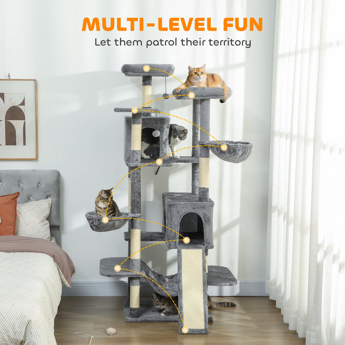 69" Cat Tree, Multi-Level Cat Tower with 2 Condos and 3 Hammocks, 8 Scratching Posts, for Multiple Cats, Dark Gray