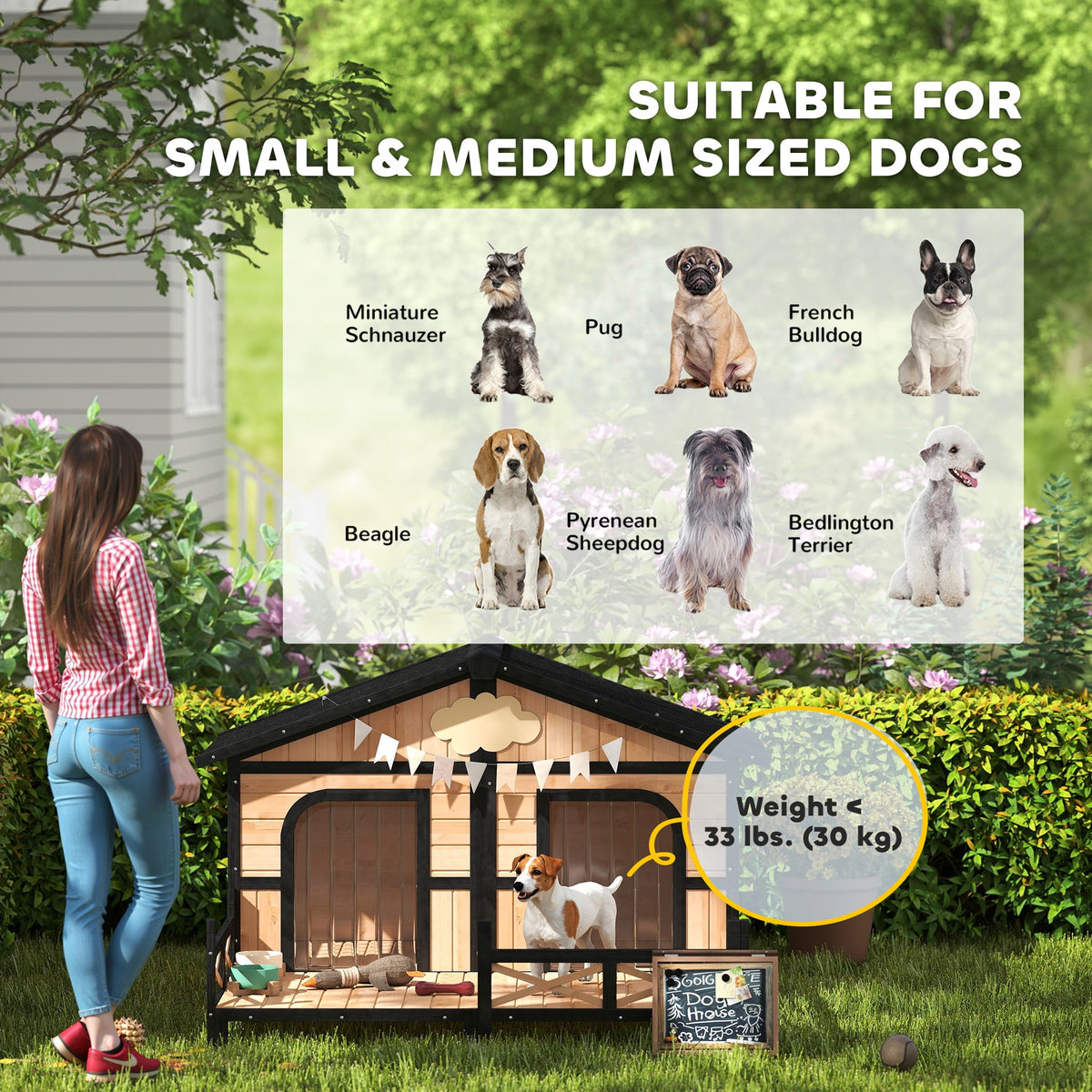Dog House Outdoor, Wooden Dog Kennel Weatherproof with Porch, Openable Roof, Removable Bottom, Elevated Floor, Double Room for 2 Small to Medium Breeds, Natural
