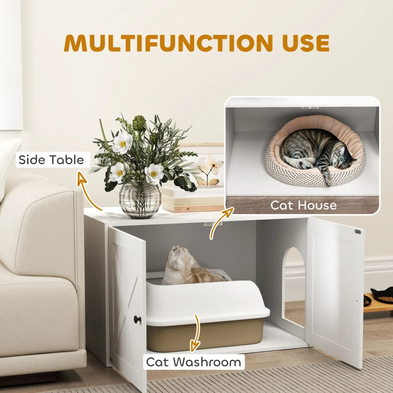 PawHut Cat Litter Box Enclosure With Barn Door, Cat Hole, White
