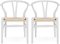 Wishbone Chair Natural Solid Wood Dining Chair/Hans Wegner Y Chair Rattan and Wood Accent Armrest Chairs Set of 2 (Ash Wood - White)