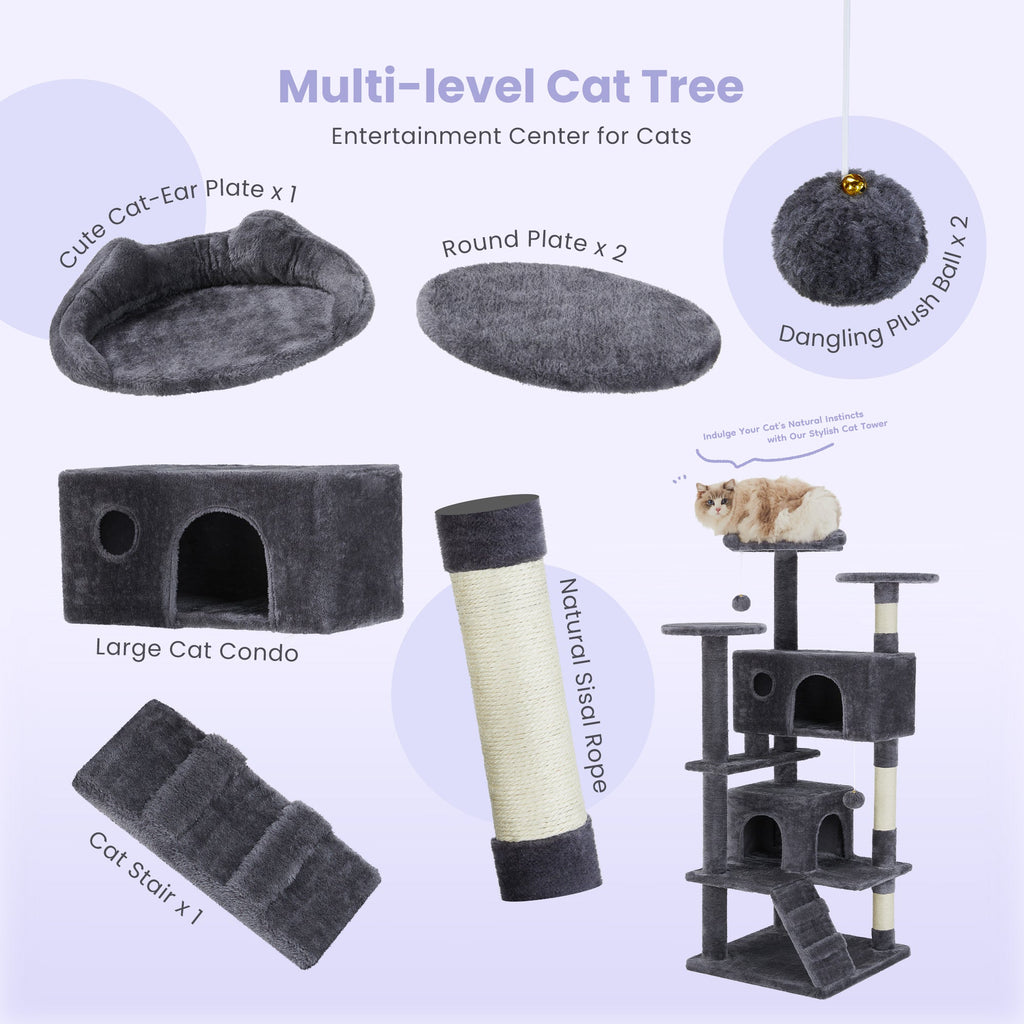 Large Cat Tree Tower, 62-70-80 Cat Tree  Large Cats, Multi Level With Scratching Post, Cozy Cat Jumping Platform Space, Grey
