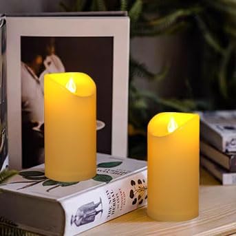 Waterproof Outdoor Battery Operated Flameless Candles with Auto Timer Flickering Plastic Resin Electric LED Pillar Lights for Lantern Patio Garden Wedding Party Decorations 3x6 Inches Ivory 2 Pack