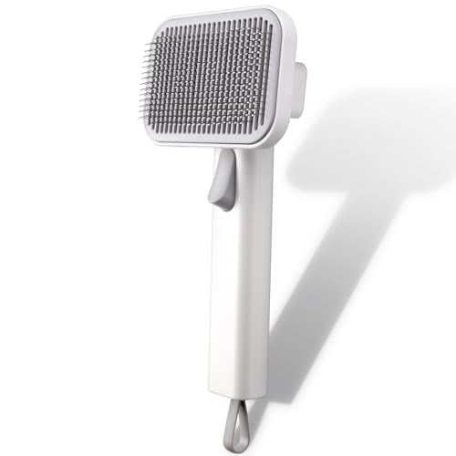 Self Cleaning Slicker Dog Cat Brush for Shedding - Deshedding Tool with Max Massage Tips, Grooming Brush for Short Medium Haired Cats & Dogs (White)