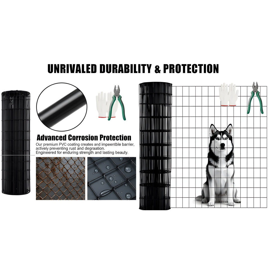 48 INCHx33 FT Black Vinyl-coated Metal Mesh, 16 Gauge 0.67 Inch Black PVC Metal Mesh, Black Welded Wire Mesh Support, Poultry Cage Protective Fence