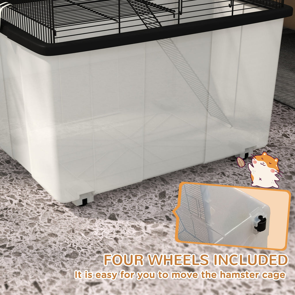 22" 2-Tier Hamster Cage with Extra-Deep 14" Base, Small Animal Cage with Ramp, Water Bottle, Food Dish, Wheels, Black