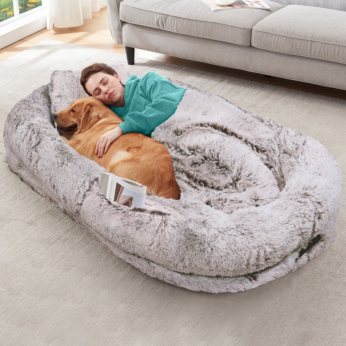 Oversized Human Dog Bed For Adults & Pets, 71 In X45 In X 12 In Ultra Soft Faux Fur Lounger, Washable Floor Bed With Orthopedic Support, Pillow & Blanket Included For Cozy Rest
