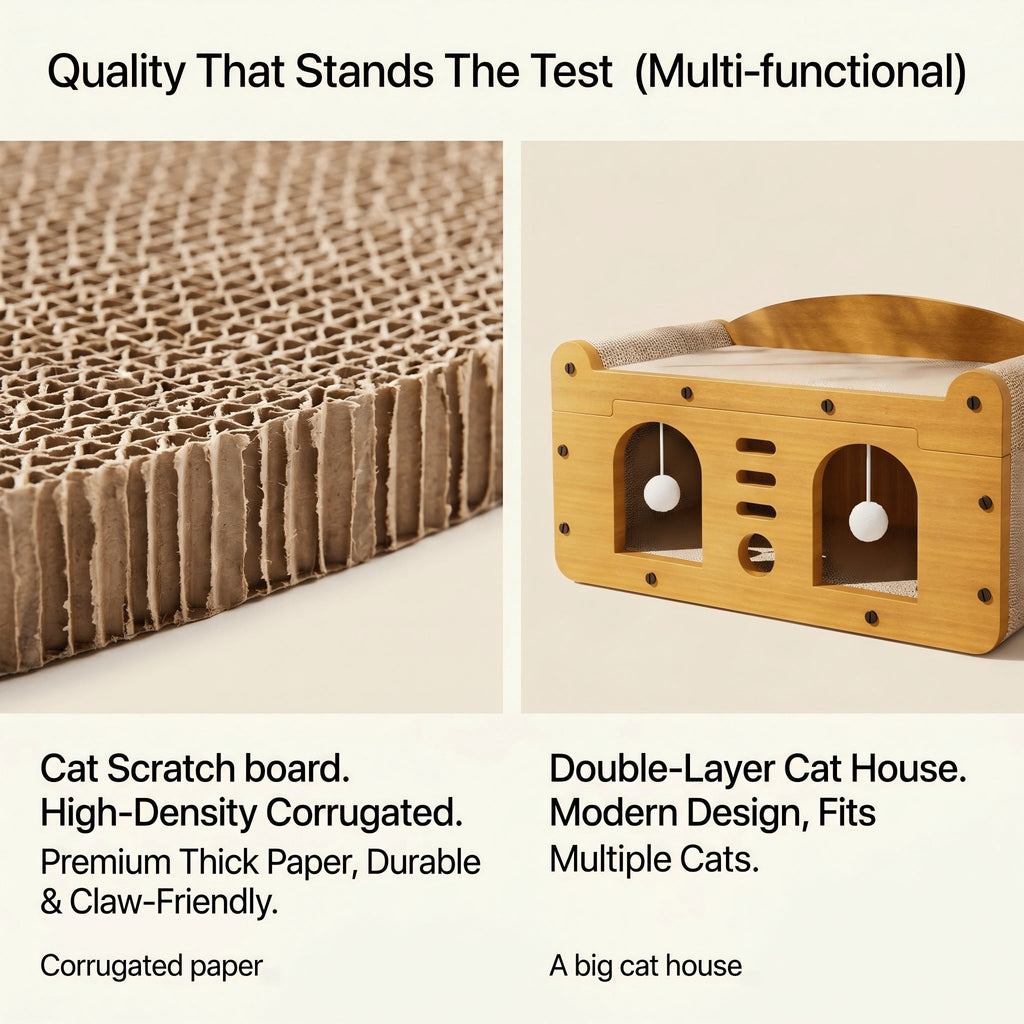 Multi-Style Double-Layer Cat Scratcher House, 2-Tier Large Cat Villa Bed With Corrugated Cardboard, Interactive Hanging Balls & Ergonomic Neck Support, Furniture-Saving Hideaway Cave For Indoor Cats
