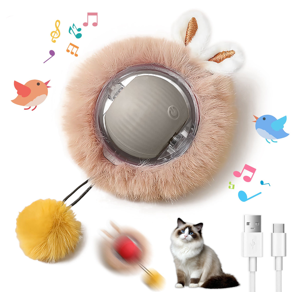 Interactive Toys Ball For Cats, Dog,Agile Moving Cat Ball ,Motion Activated Automatic Moving Ball With Lights,with Fluffy Tail And Bunny Ears For Indoor Pets
